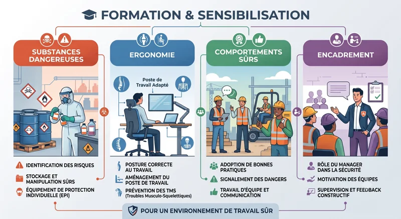 Infographie sur la formation à la sécurité : substances dangereuses, ergonomie, comportements sûrs et encadrement